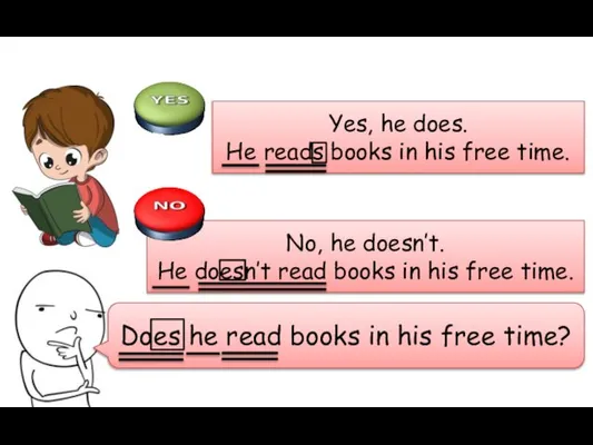 Yes, he does. He reads books in his free time. No, he