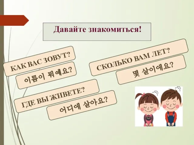 Давайте знакомиться! 이름이 뭐예요? ГДЕ ВЫ ЖИВЕТЕ? СКОЛЬКО ВАМ ЛЕТ? КАК ВАС