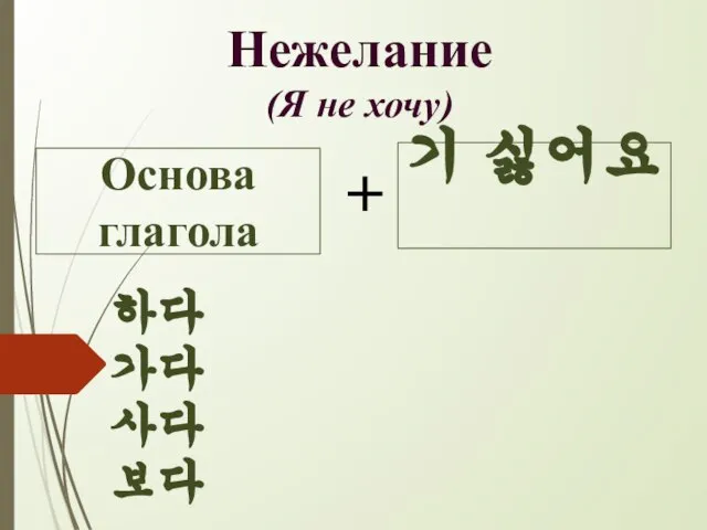 기 싫어요 Основа глагола + Нежелание (Я не хочу) 하다 가다 사다 보다