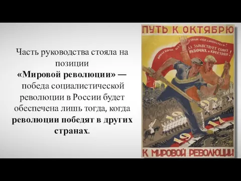 Часть руководства стояла на позиции «Мировой революции» — победа социалистической революции в