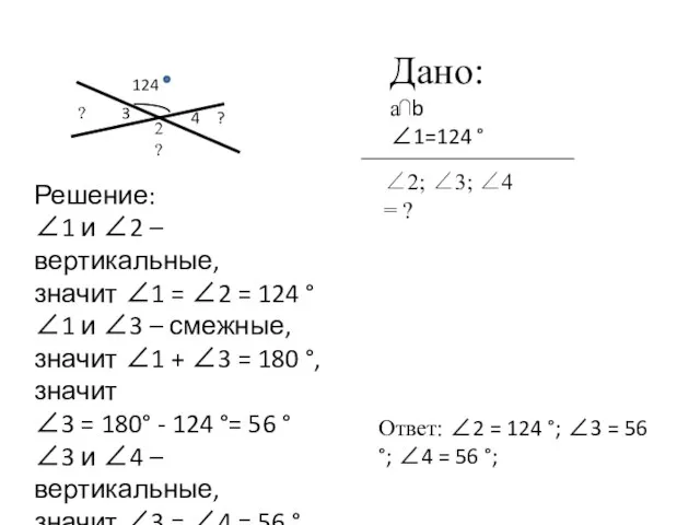 Дано: а⋂b ∠1=124 ° Решение: ∠1 и ∠2 – вертикальные, значит ∠1