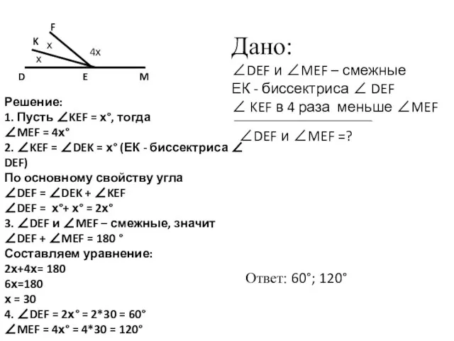 Дано: ∠DEF и ∠MEF – смежные ЕК - биссектриса ∠ DEF ∠