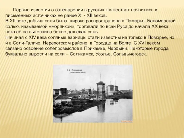 Первые известия о солеварении в русских княжествах появились в письменных источниках не