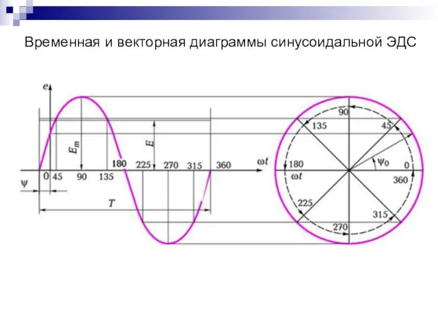 Временная и векторная диаграммы синусоидальной ЭДС