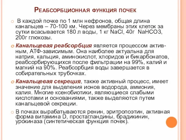 Реабсорбционная функция почек В каждой почке по 1 млн нефронов, общая длина