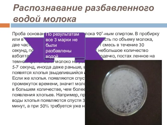 Распознавание разбавленного водой молока Проба основана на испытании молока 90°-ным спиртом. В