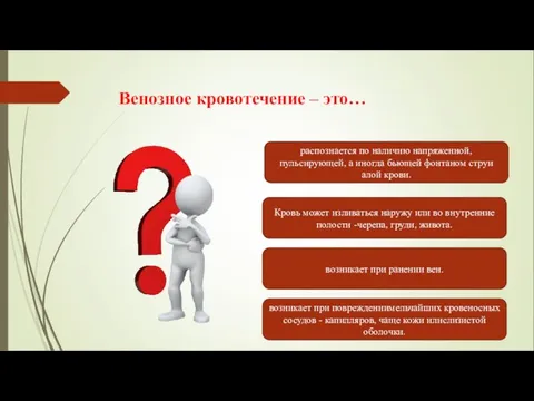 Венозное кровотечение – это… распознается по наличию напряженной, пульсирующей, а иногда бьющей