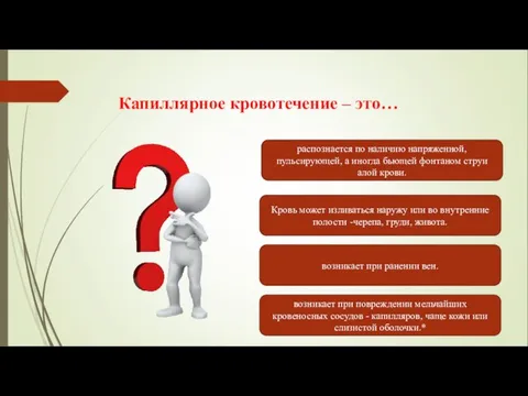 Капиллярное кровотечение – это… распознается по наличию напряженной, пульсирующей, а иногда бьющей