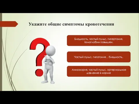 Бледность, частый пульс, гипертония, гемоглобин повышен. Анизокория, частый пульс, артериальное давление в