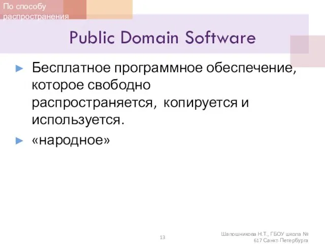 Public Domain Software Бесплатное программное обеспечение, которое свободно распространяется, копируется и используется.