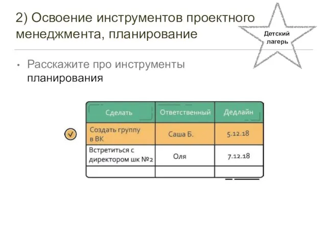 2) Освоение инструментов проектного менеджмента, планирование Расскажите про инструменты планирования Детский лагерь