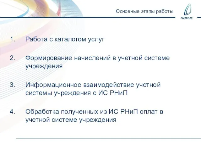 Основные этапы работы Работа с каталогом услуг Формирование начислений в учетной системе