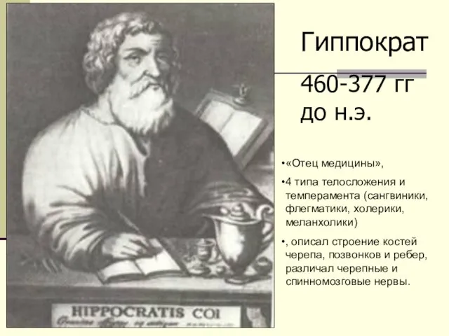 Гиппократ 460-377 гг до н.э. «Отец медицины», 4 типа телосложения и темперамента