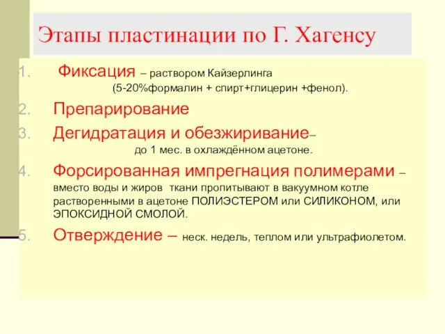 Этапы пластинации по Г. Хагенсу Фиксация – раствором Кайзерлинга (5-20%формалин + спирт+глицерин