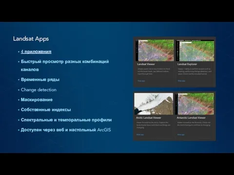 Landsat Apps 4 приложения Быстрый просмотр разных комбинаций каналов Временные ряды Change