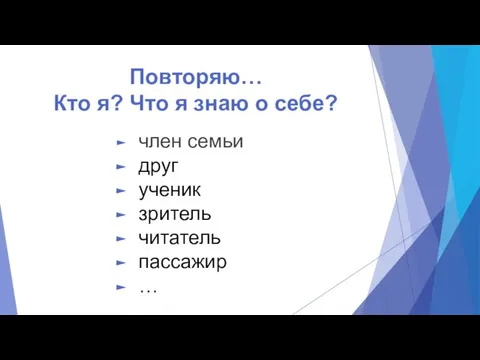 Повторяю… Кто я? Что я знаю о себе? член семьи друг ученик зритель читатель пассажир …