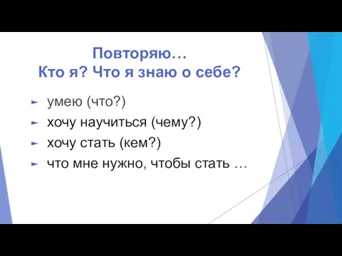 Повторяю… Кто я? Что я знаю о себе? умею (что?) хочу научиться