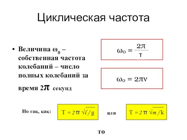 Циклическая частота Величина ω0 – собственная частота колебаний – число полных колебаний