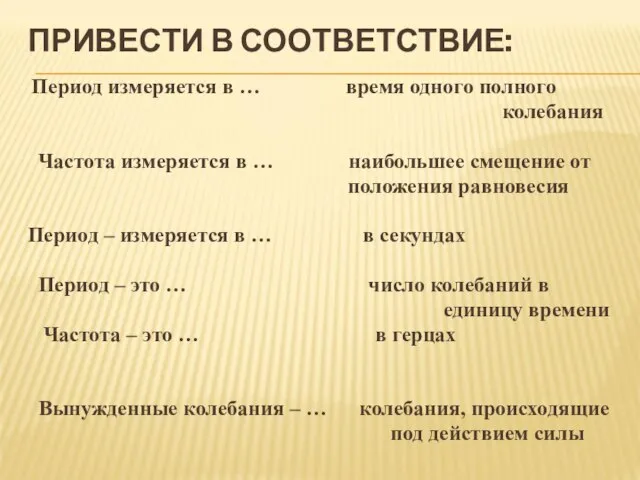 ПРИВЕСТИ В СООТВЕТСТВИЕ: Период измеряется в … время одного полного колебания Частота