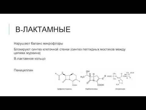 Β-ЛАКТАМНЫЕ Нарушают баланс микрофлоры Блокируют синтез клеточной стенки (синтез пептидных мостиков между