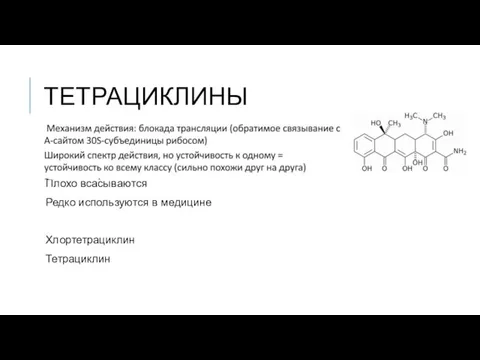 ТЕТРАЦИКЛИНЫ Плохо всасываются Редко используются в медицине Хлортетрациклин Тетрациклин