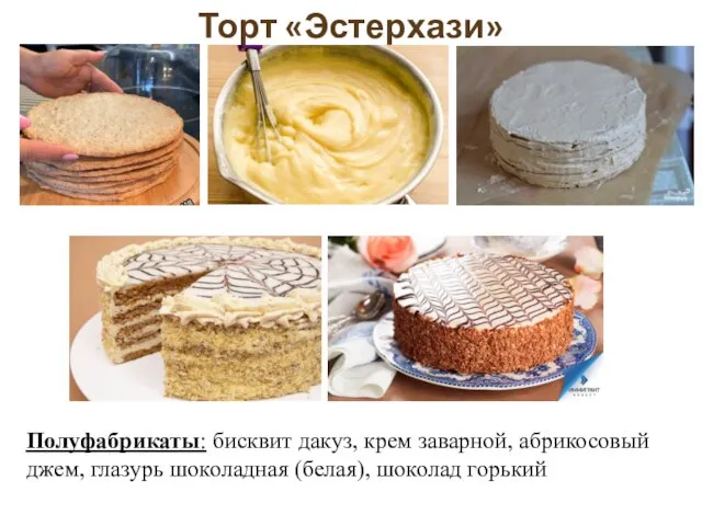 Торт «Эстерхази» Полуфабрикаты: бисквит дакуз, крем заварной, абрикосовый джем, глазурь шоколадная (белая), шоколад горький