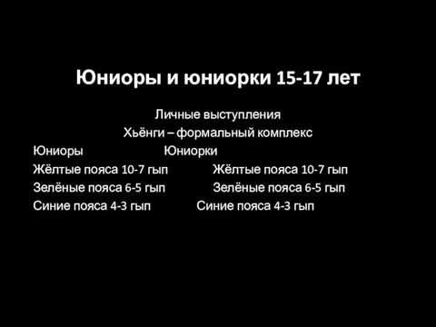 Юниоры и юниорки 15-17 лет Личные выступления Хьёнги – формальный комплекс Юниоры