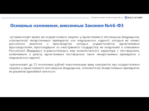 АО «Единая электронная торговая площадка» 2022 год Основные изменения, внесенные Законом №46-ФЗ