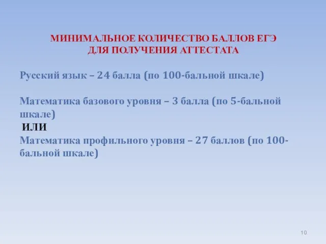 МИНИМАЛЬНОЕ КОЛИЧЕСТВО БАЛЛОВ ЕГЭ ДЛЯ ПОЛУЧЕНИЯ АТТЕСТАТА Русский язык – 24 балла