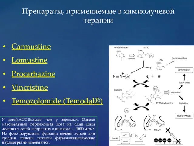 Carmustine Lomustine Procarbazine Vincristine Temozolomide (Temodal®) Препараты, применяемые в химиолучевой терапии У