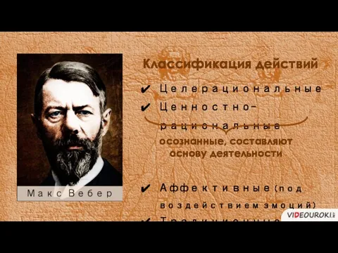 Классификация действий Целерациональные Ценностно-рациональные Аффективные (под воздействием эмоций) Традиционные (ритуалы) осознанные, составляют основу деятельности