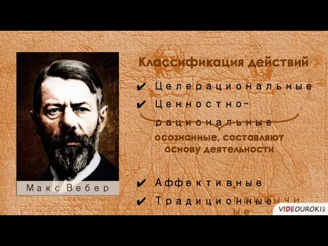 Классификация действий Целерациональные Ценностно-рациональные Аффективные Традиционные осознанные, составляют основу деятельности + привычные