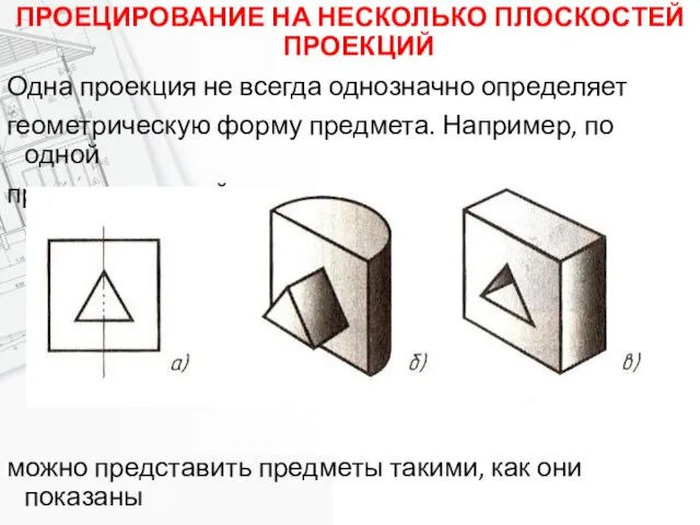 ПРОЕЦИРОВАНИЕ НА НЕСКОЛЬКО ПЛОСКОСТЕЙ ПРОЕКЦИЙ Одна проекция не всегда однозначно определяет геометрическую