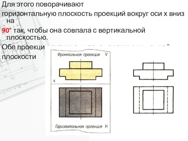 Для этого поворачивают горизонтальную плоскость проекций вокруг оси х вниз на 90°