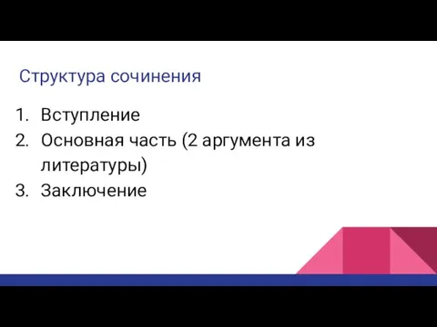 Структура сочинения Вступление Основная часть (2 аргумента из литературы) Заключение