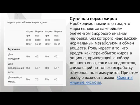 Суточная норма жиров Необходимо помнить о том, что жиры являются важнейшим элементом