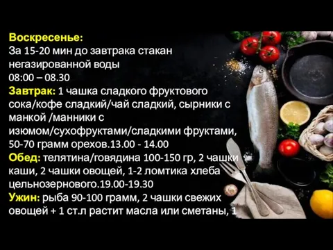 Воскресенье: За 15-20 мин до завтрака стакан негазированной воды 08:00 – 08.30