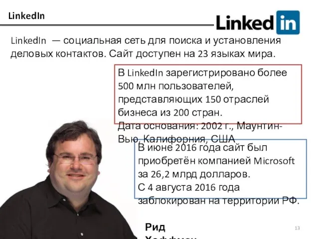 LinkedIn LinkedIn — социальная сеть для поиска и установления деловых контактов. Сайт