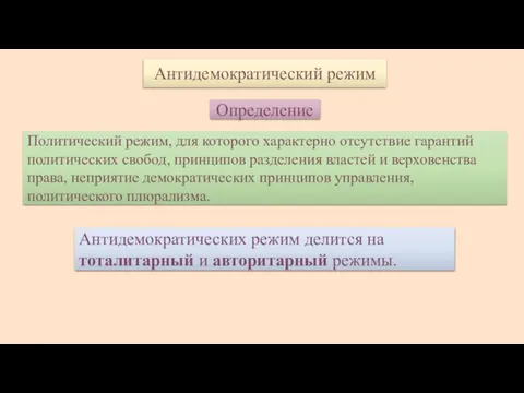 Антидемократический режим Определение Политический режим, для которого характерно отсутствие гарантий политических свобод,