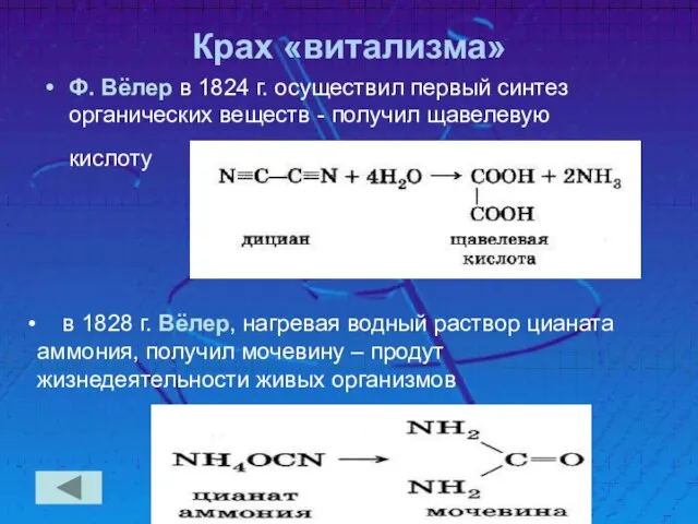 Крах «витализма» Ф. Вёлер в 1824 г. осуществил первый синтез органических веществ