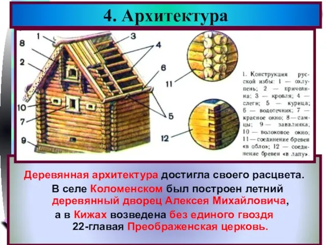 Деревянная архитектура достигла своего расцвета. В селе Коломенском был построен летний деревянный