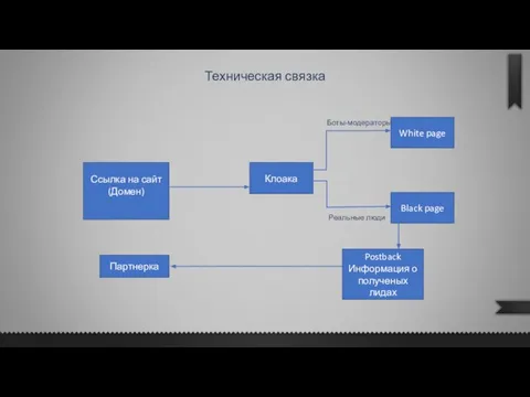 Техническая связка Ссылка на сайт(Домен) Клоака White page Black page Боты-модераторы Реальные