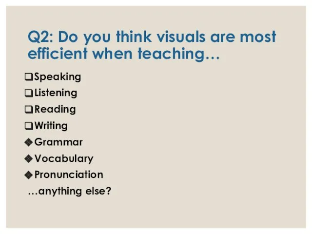 Q2: Do you think visuals are most efficient when teaching… Speaking Listening