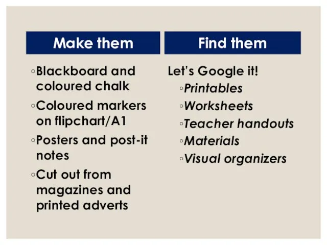 Make them Blackboard and coloured chalk Coloured markers on flipchart/A1 Posters and