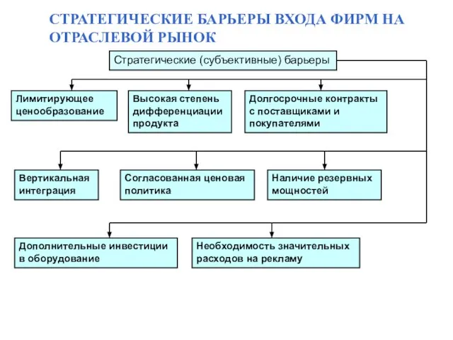 СТРАТЕГИЧЕСКИЕ БАРЬЕРЫ ВХОДА ФИРМ НА ОТРАСЛЕВОЙ РЫНОК Стратегические (субъективные) барьеры Лимитирующее ценообразование