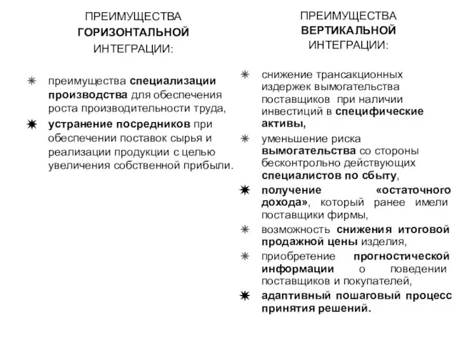 ПРЕИМУЩЕСТВА ГОРИЗОНТАЛЬНОЙ ИНТЕГРАЦИИ: преимущества специализации производства для обеспечения роста производительности труда, устранение