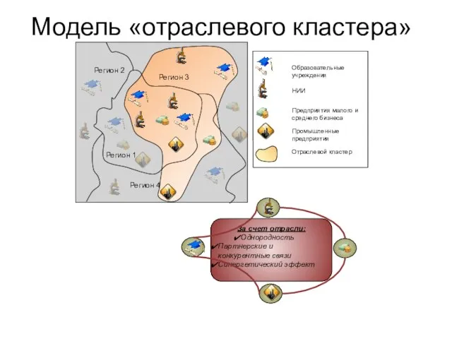 Модель «отраслевого кластера» За счет отрасли: Однородность Партнерские и конкурентные связи Синергетический