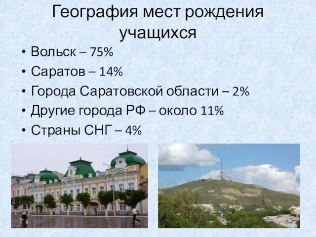 География мест рождения учащихся Вольск – 75% Саратов – 14% Города Саратовской