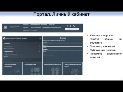 Портал. Личный кабинет Участие в опросах Подача заявок на обучение Просмотр вакансий