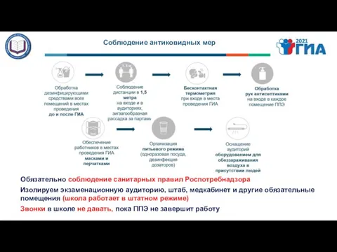 Соблюдение антиковидных мер Обязательно соблюдение санитарных правил Роспотребнадзора Изолируем экзаменационную аудиторию, штаб,